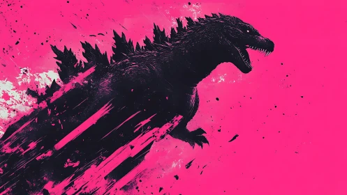 Silhouette of large reptilian creature on magenta field.