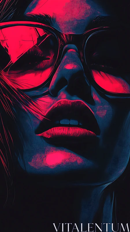 Neon lit female face close up rendered in high contrast tones