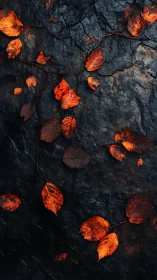 Fiery autumn leaves lie quietly on dark, textured stone