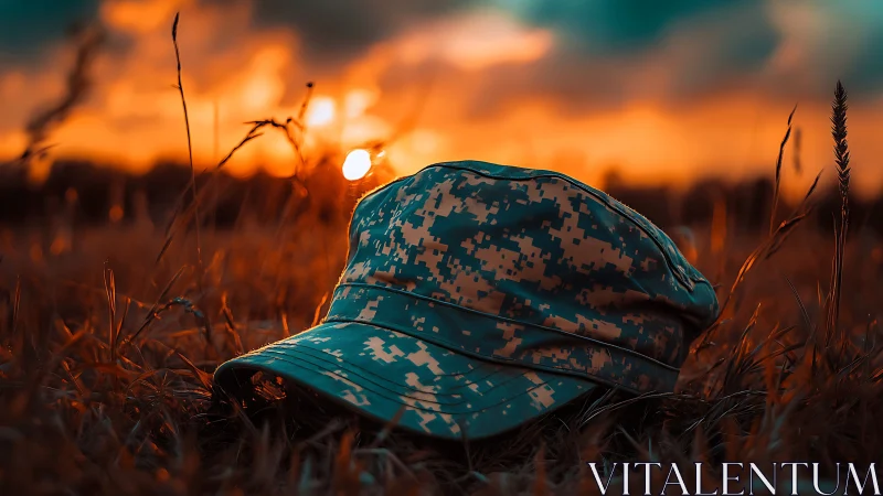 Camouflage cap resting softly in a warm sunset field.