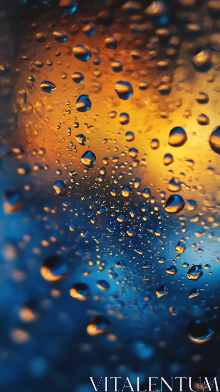 Macro water droplets refract warm bokeh on cool gradient glass
