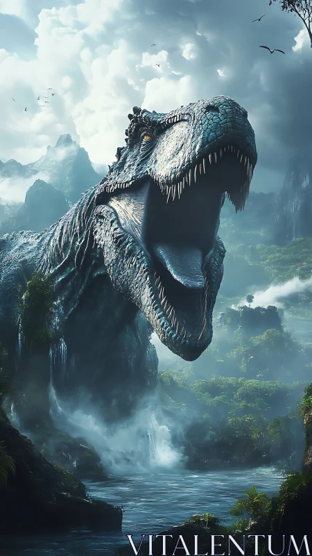 Roaring tyrannosaurus dominates misty Jurassic canyon river