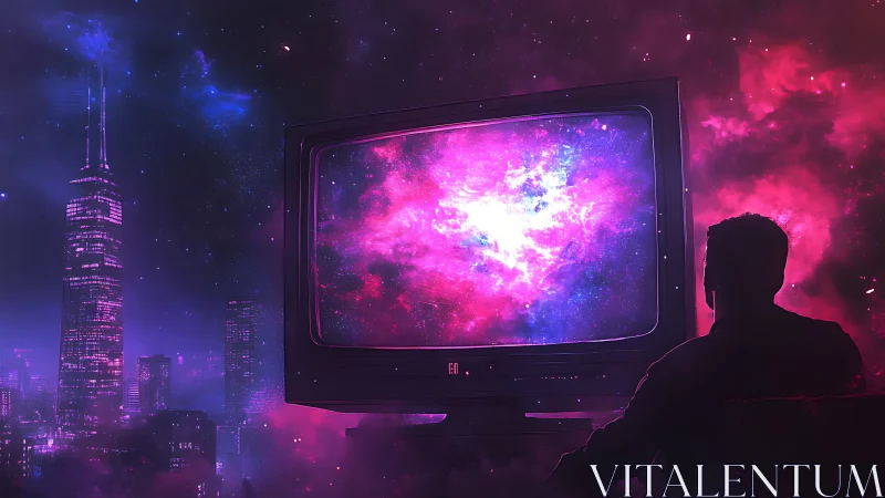 Retro CRT screen projects nebula against neon cyberpunk skyline