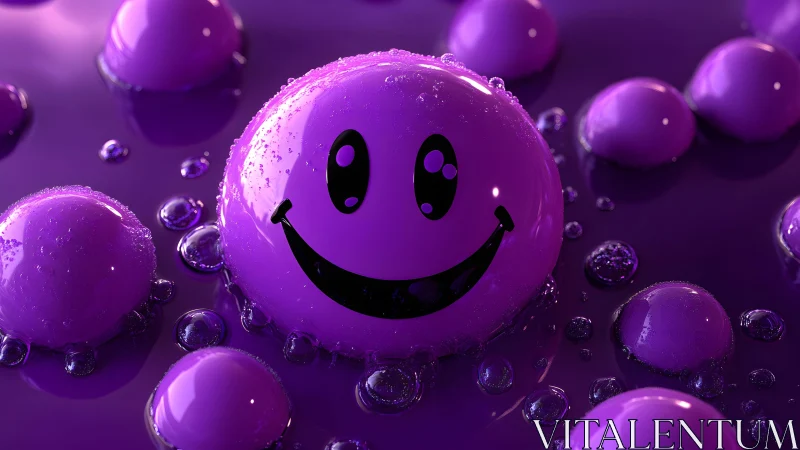 Purple glossy smiley sphere floats among wet bubbles