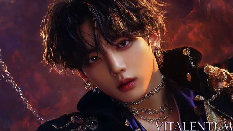 Regal youth in jeweled chains against a fiery glow.