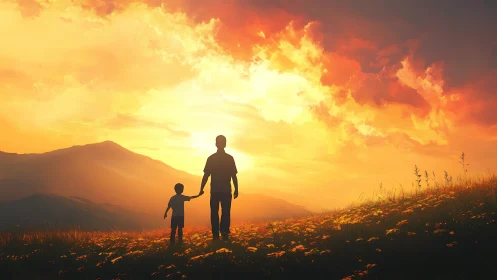 Sunlit hilltop stroll for father and child beneath blazing sky.