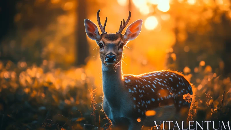 Young spotted deer in golden hour forest glow portrait.