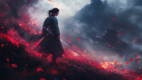 Lone samurai surveys burning battlefield under storm clouds