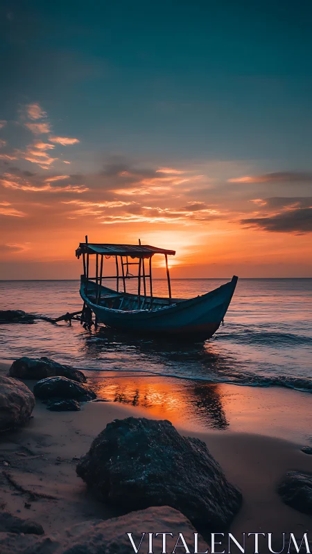 Abandoned wooden boat grounded at shoreline under saturated sunset sky