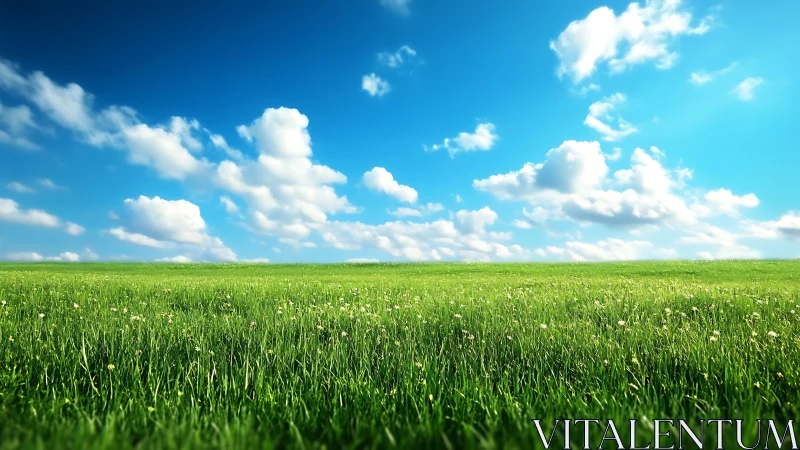 Sunlit green meadow stretches beneath vivid blue sky.