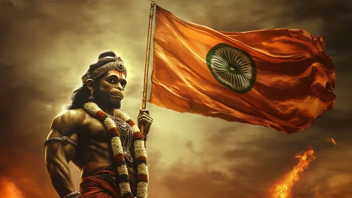 Hanuman warrior hoists blazing saffron flag of devotion and valor.