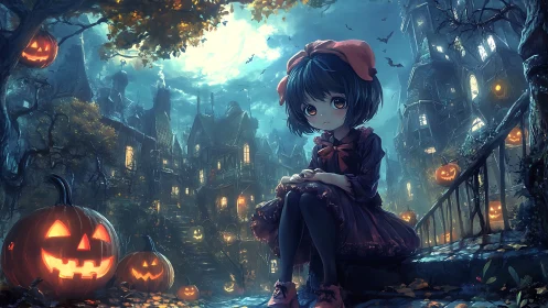 Moonlit pumpkins watch a quiet witchling guard the stairs