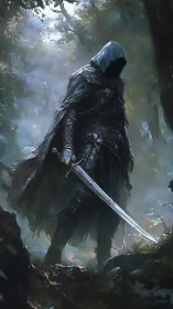 Hooded spectral swordsman in mist-saturated forest geometry.