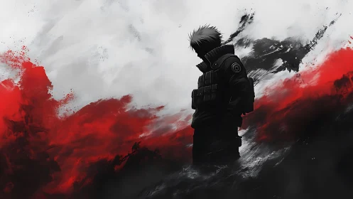 Solitary masked warrior amid abstract red stormscape.