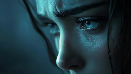 Close-up digital portrait of pensive woman in blue light.