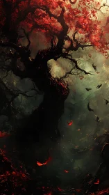 Bloodlit twisted tree above a shadowed infernal ravine.