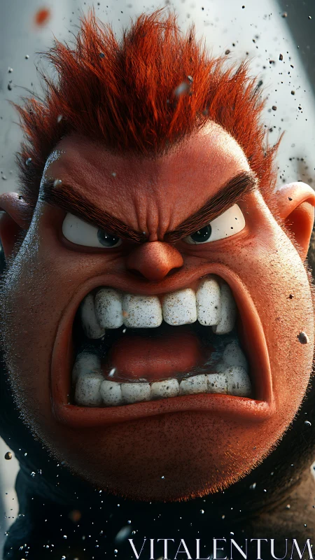 3D close-up of enraged cartoon character head in motion.
