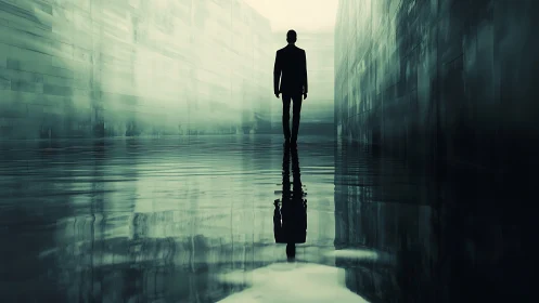 Lone silhouette strides through a glass-walled flooded corridor