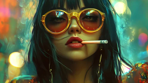 Woman with cigarette and large sunglasses in neon setting.
