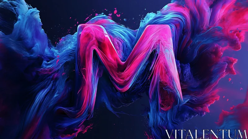 Neon letter M sculpted in swirling liquid color fields.