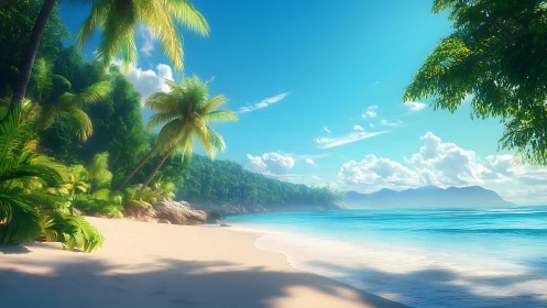 Tropical Coastal Composition: Palmate Vegetation Framing Crystalline Littoral Zone.