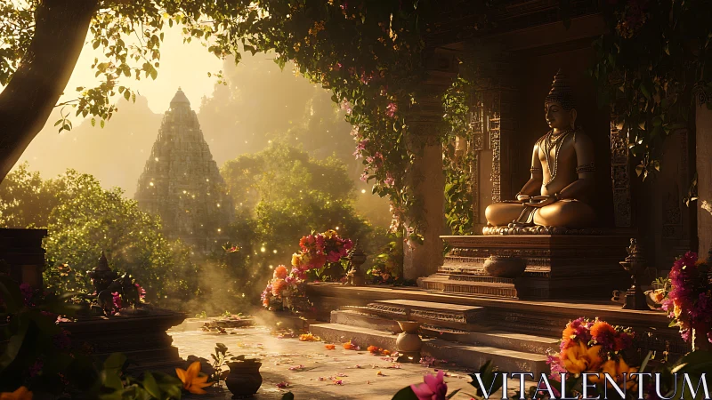 Golden Buddha shrine in luminous jungle temple courtyard.