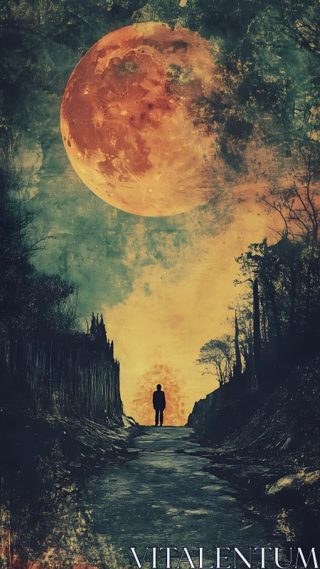 Surreal silhouette under blood moon with textured dusk sky.