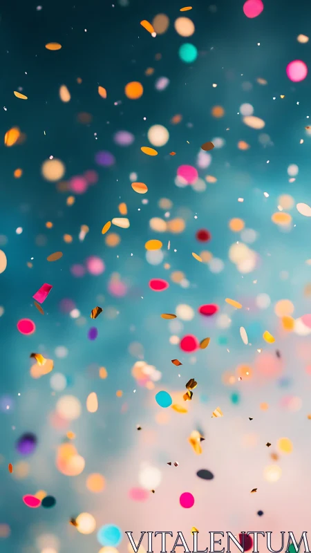 Colorful falling confetti against soft teal bokeh sky.