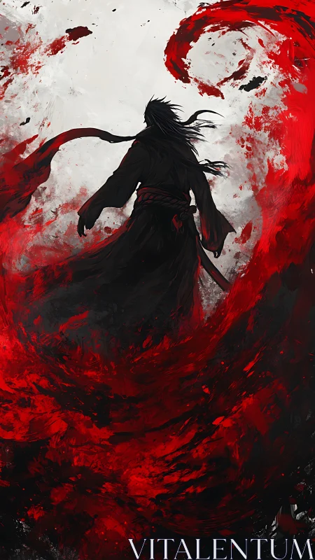 Silhouetted figure within swirling red abstract motion.