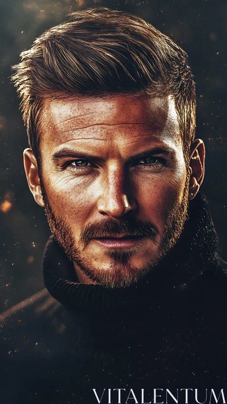 Storm-eyed stranger framed in embers and shadowed wool.