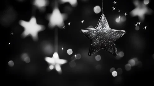 Glittering star ornament in monochrome bokeh nightscape.