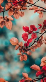 Peachy autumn leaves drift like quiet sparks in teal air