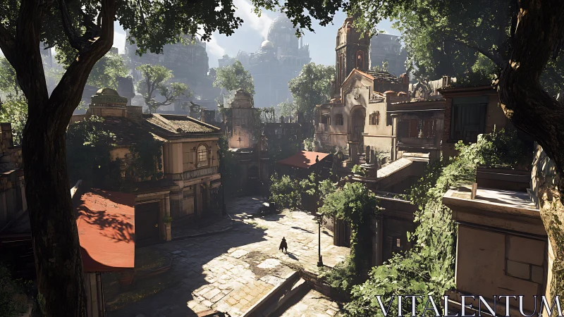 Sunlit overgrown courtyard inside forgotten stone city.