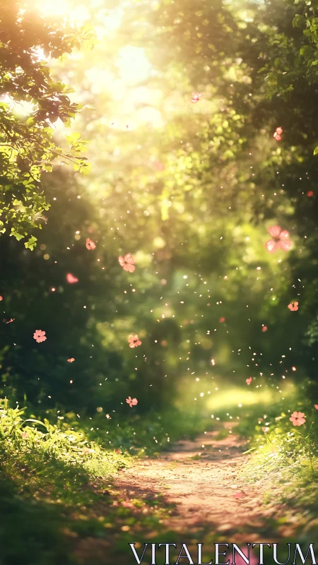 Sunlit forest path where petals drift like quiet wishes.
