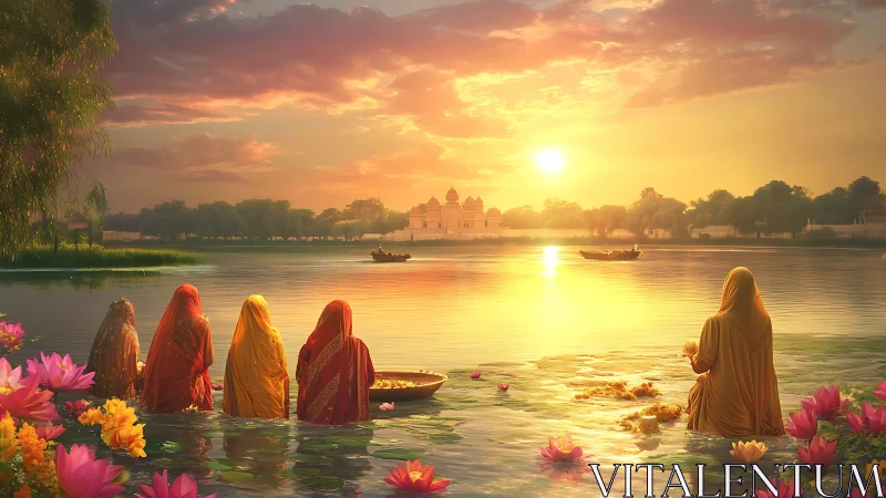 Sunrise prayers on lotus-bright river, wrapped in saffron light.