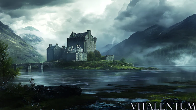 Digital painting of mist-shrouded lakeside fortress landscape.