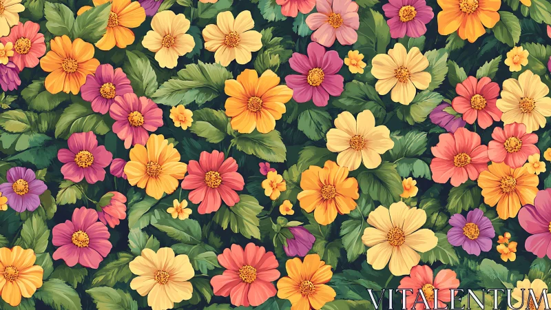 Dense Floral Arrangement: Yellow, Pink, Orange Composite on Dark Background