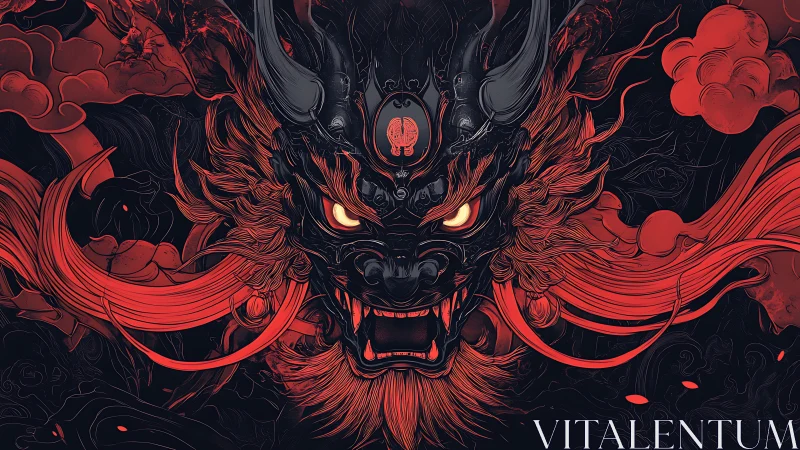 Demonic dragon mask with flowing red energy ribbons.