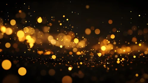 Glowing Golden Bokeh Lights Over Dark Background, Abstract Style.