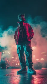 Neon street portrait with cinematic low angle vapor haze.