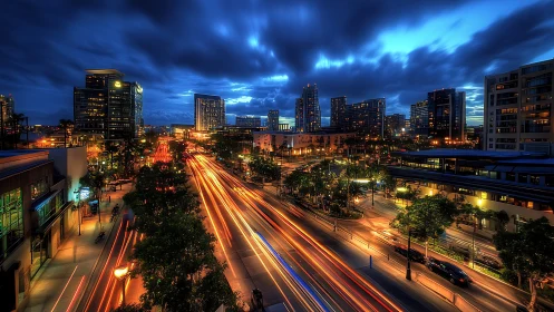 Neon comets race through a storm-lit electric skyline night.