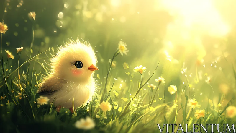 Fluffy Yellow Chick in Sunlit Wildflower Meadow