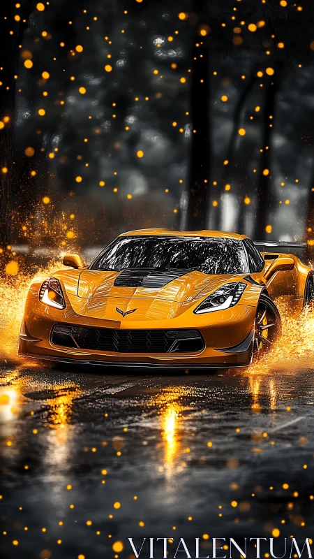 Yellow sports car moves through wet road with glowing particles