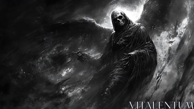 Dark skeletal reaper emerges from storm of shadow and light.