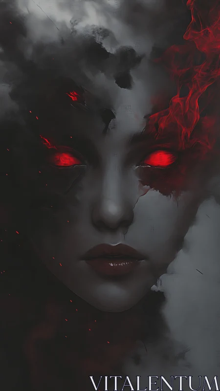 Demonic female visage emerging through smoke with burning crimson eyes