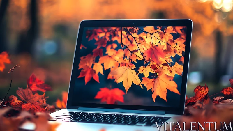 Laptop screen reflects vivid autumn maple leaves in focus.