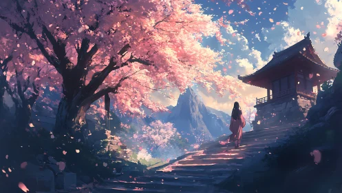 Digital painting of temple path under luminous cherry blossoms.