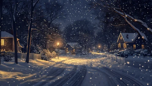 Snowy village lane under warm lamplight at winter night.