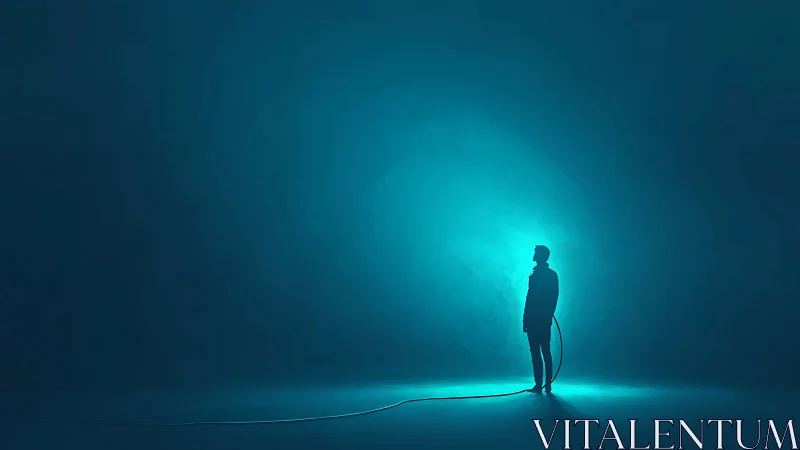 Backlit silhouette with tether in minimal cyan void study.