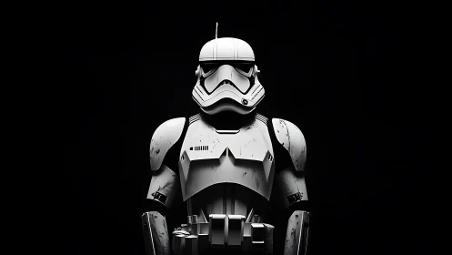 Armored sci fi soldier in frontal view on black background.